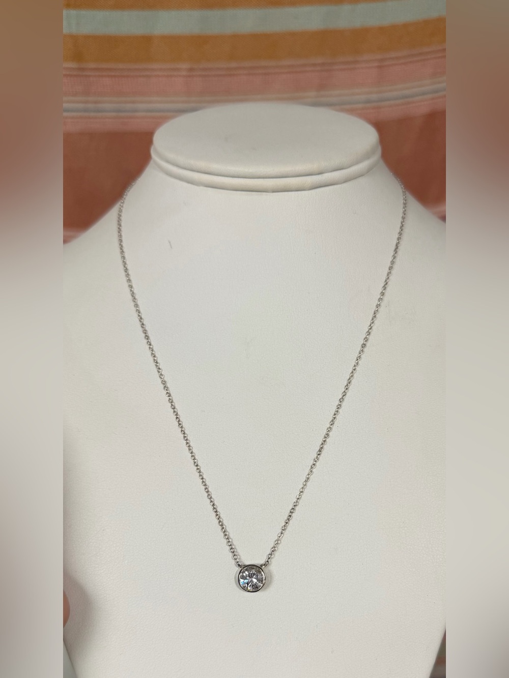 Silver Bezel Solitaire Pendant Necklace with Clear Crystal CZ- 18”